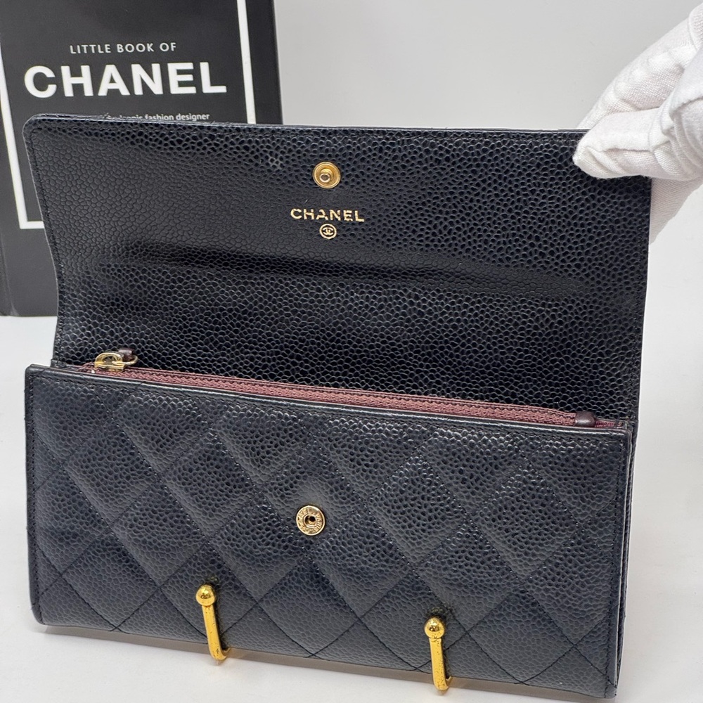 💯Authentic Chanel Black Quilted Caviar Leather Long Wallet Iconic CC Logo - Picture 4 of 9